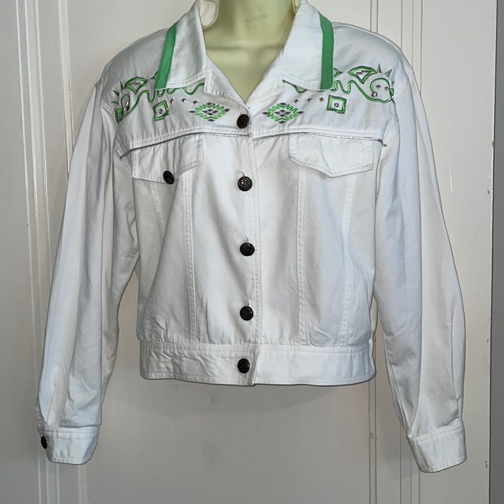 Vtg‎ 80s/90s City Girl Sport white denim jacket with silver/green embellishments